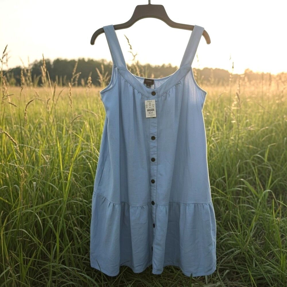 NWT J.Crew Linen Summer Dress Loose Fit Tiered Babydoll Mid Thigh Powder Blue - Picture 3 of 12